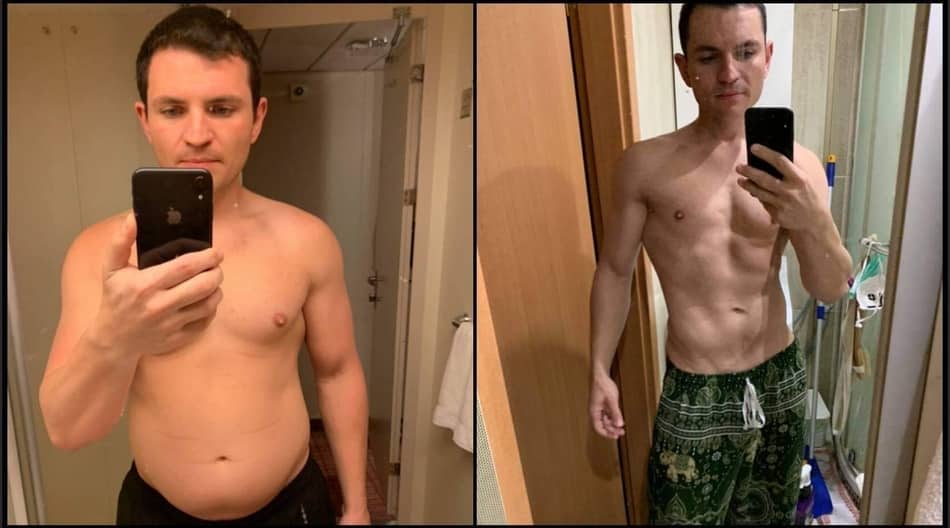 my before and after picture from doing 200 kettlebell swings a day for 4 months
