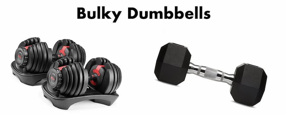 two bulky dumbbells that are not suitable for doing kettlebell swings