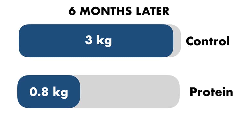 Graph that compares weight gains in high protein group and control group 