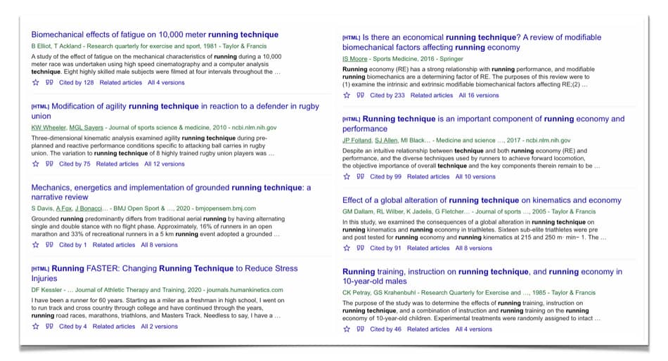 list of studies on running technique