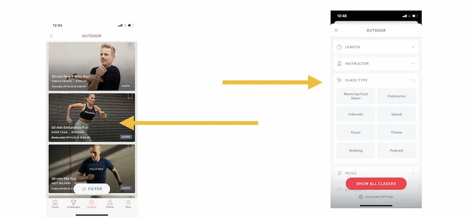 choosing the class type on peloton outdoor