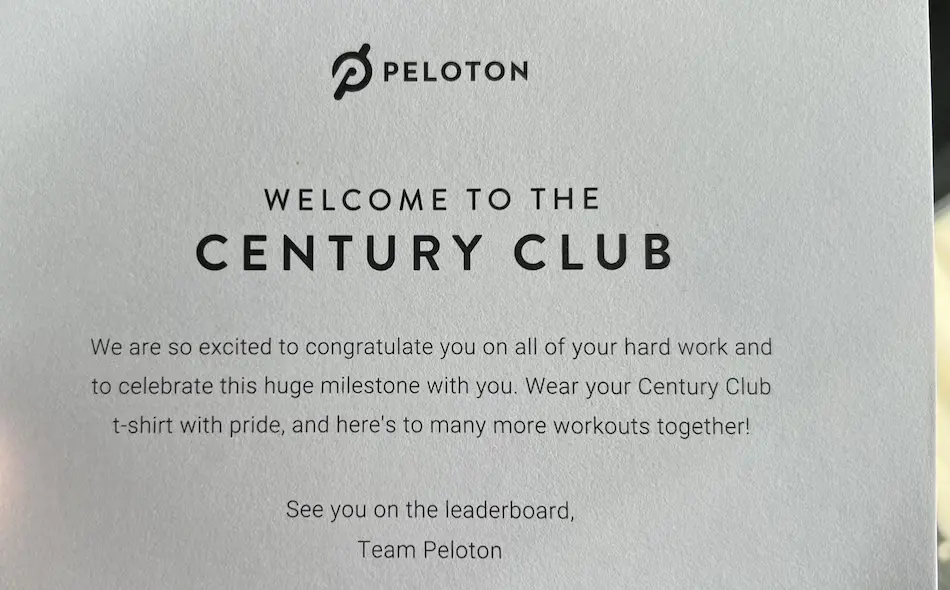 a note that you receive with peloton century shirt