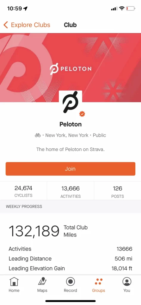 photo of peloton group on Strava app