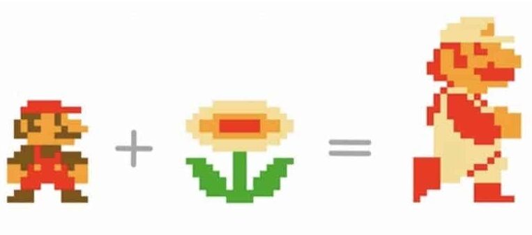 picture of cartoon when mario is eating flower and becomes supermario