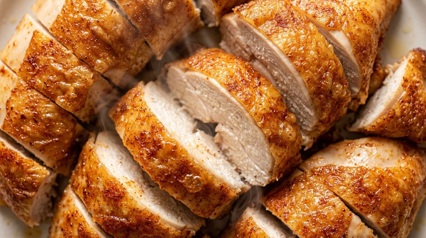 Sliced golden air fryer chicken breast with paprika crust on a dark wood board.