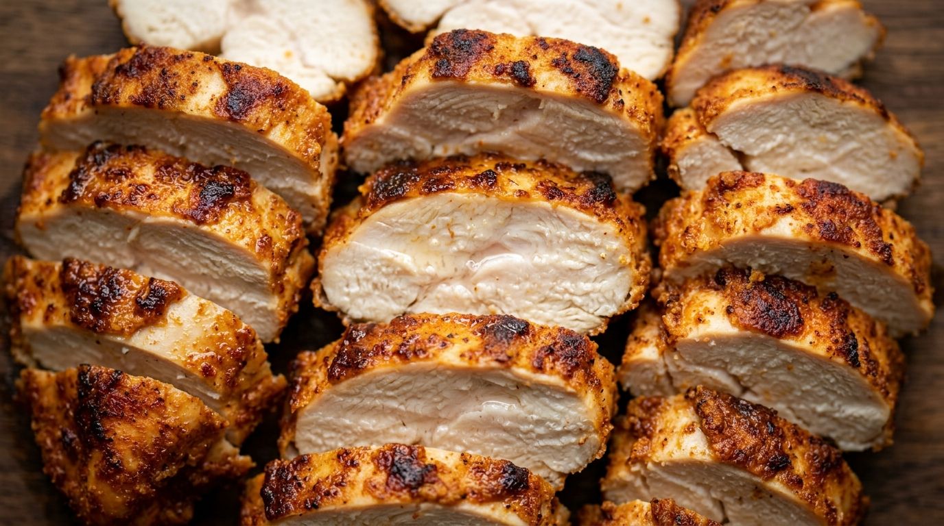 Sliced air fryer frozen chicken breast with caramelized paprika crust and juicy interior on a dark oak board.