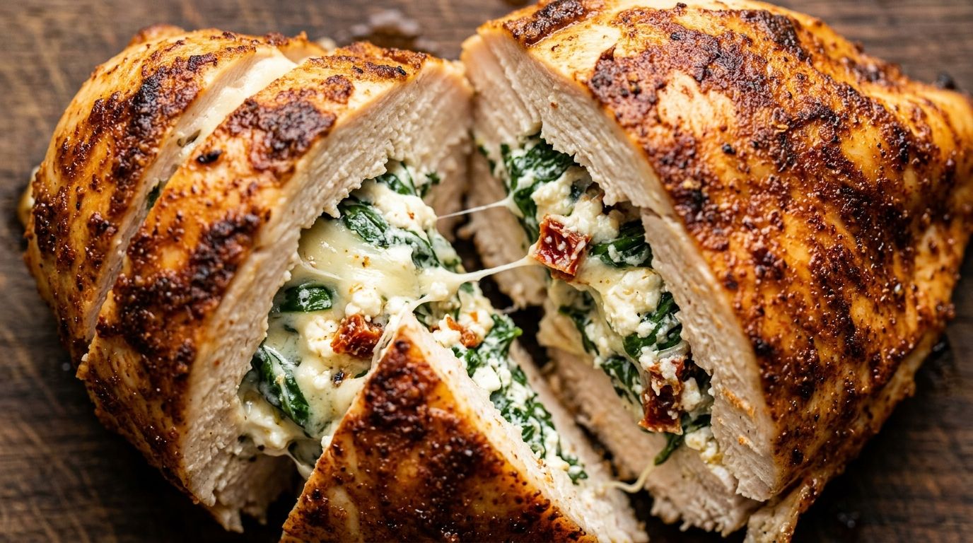 Golden air fryer stuffed chicken breast sliced open with creamy spinach feta filling on dark oak