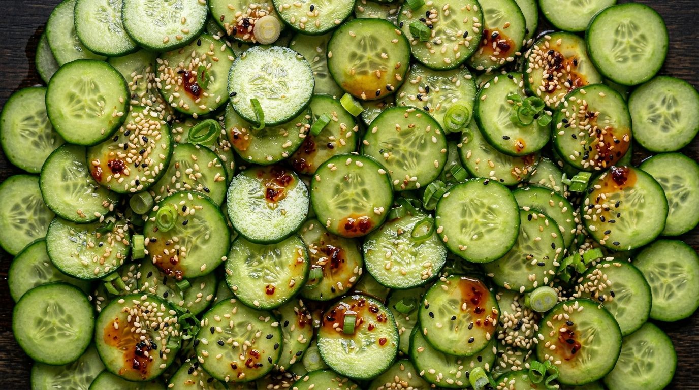 Asian cucumber salad with sesame seeds and green onions in a white ceramic bowl