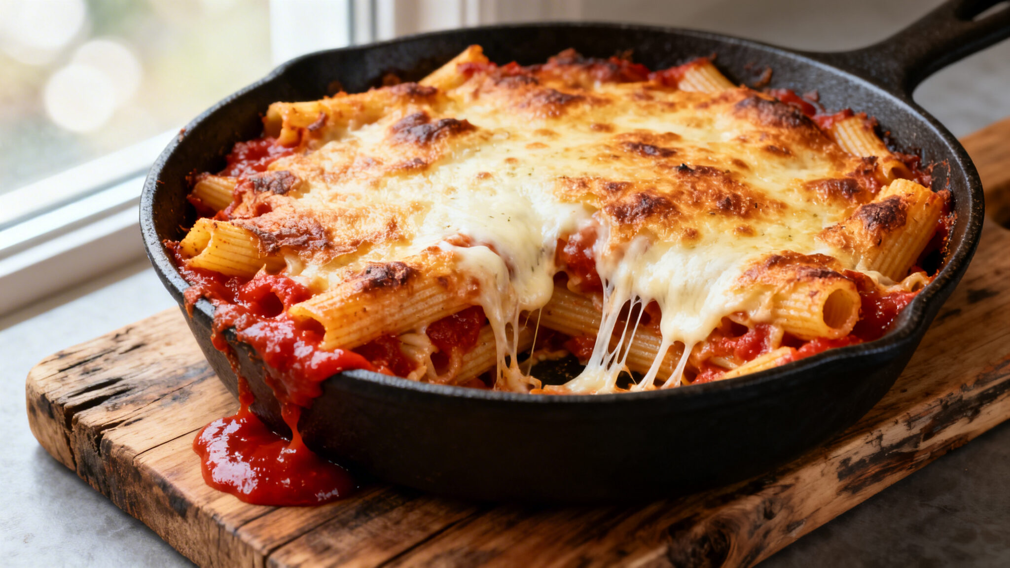 Baked ziti with golden-brown crust and stretchy mozzarella in a cast-iron skillet