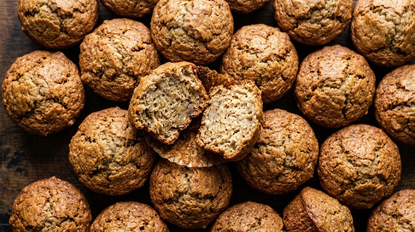 Overhead view of golden banana bread muffins with crackled tops, one split open showing moist interior, on a dark wooden surface.