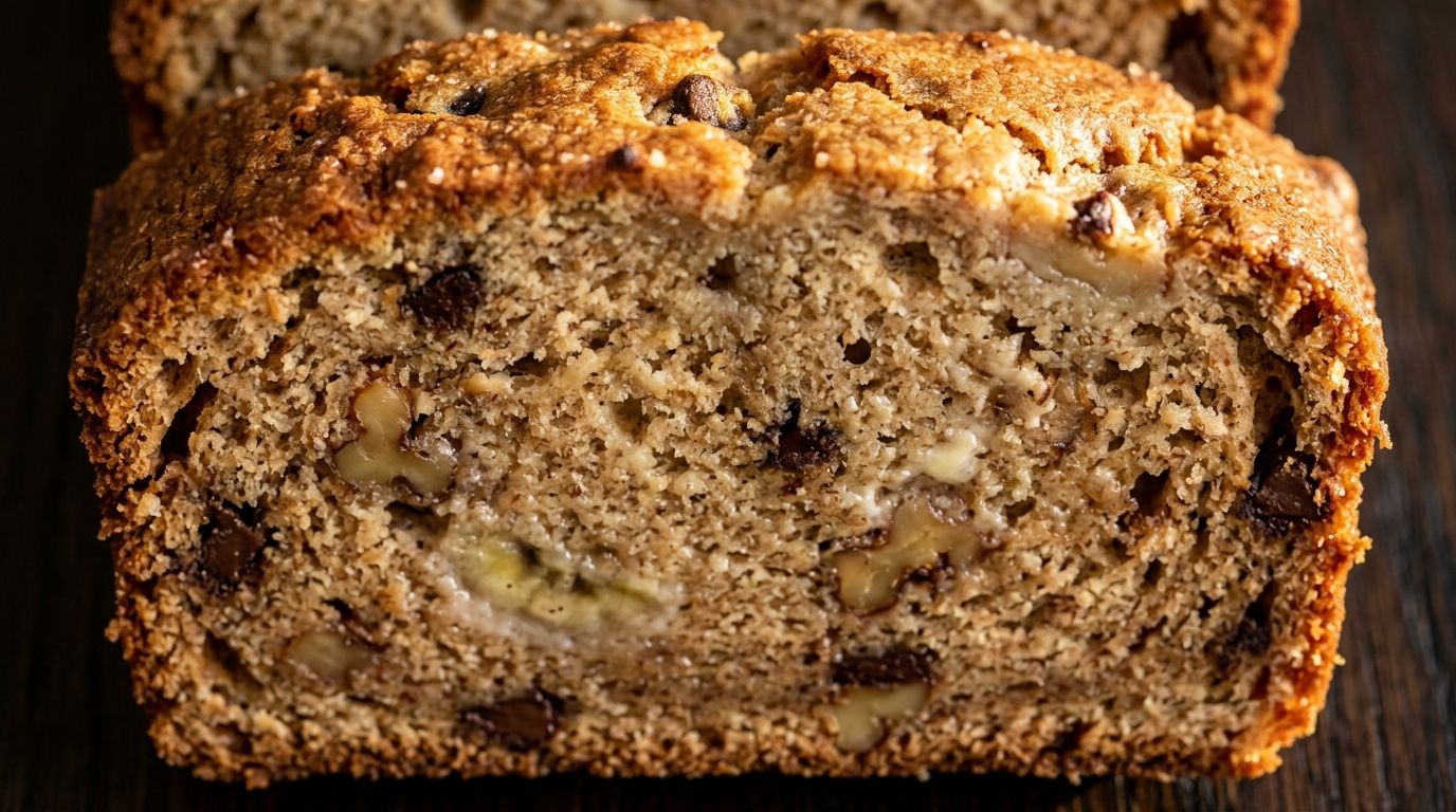 Sliced loaf of moist banana bread with golden cracked crust on a dark wood surface.