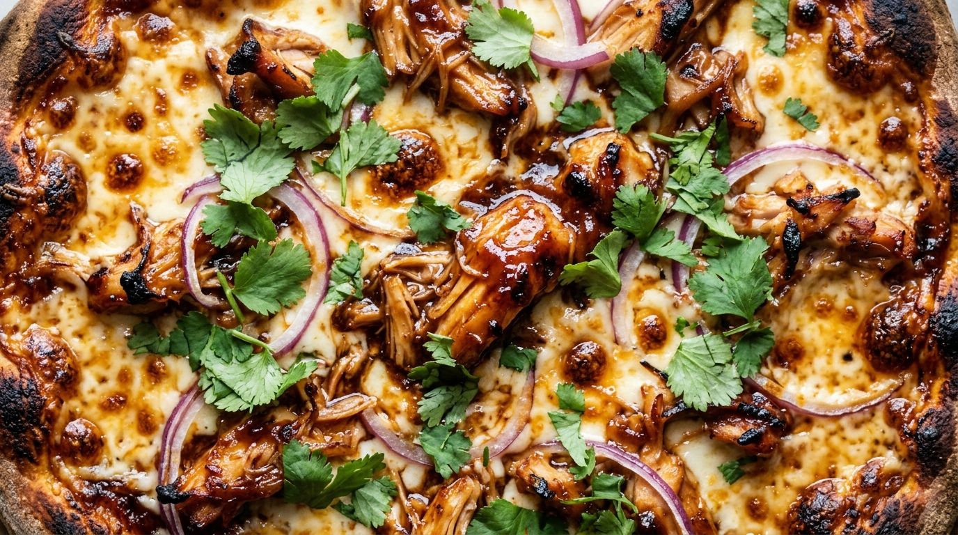 BBQ chicken pizza with smoked gouda, mozzarella, caramelized red onion, and fresh cilantro on a golden crust.