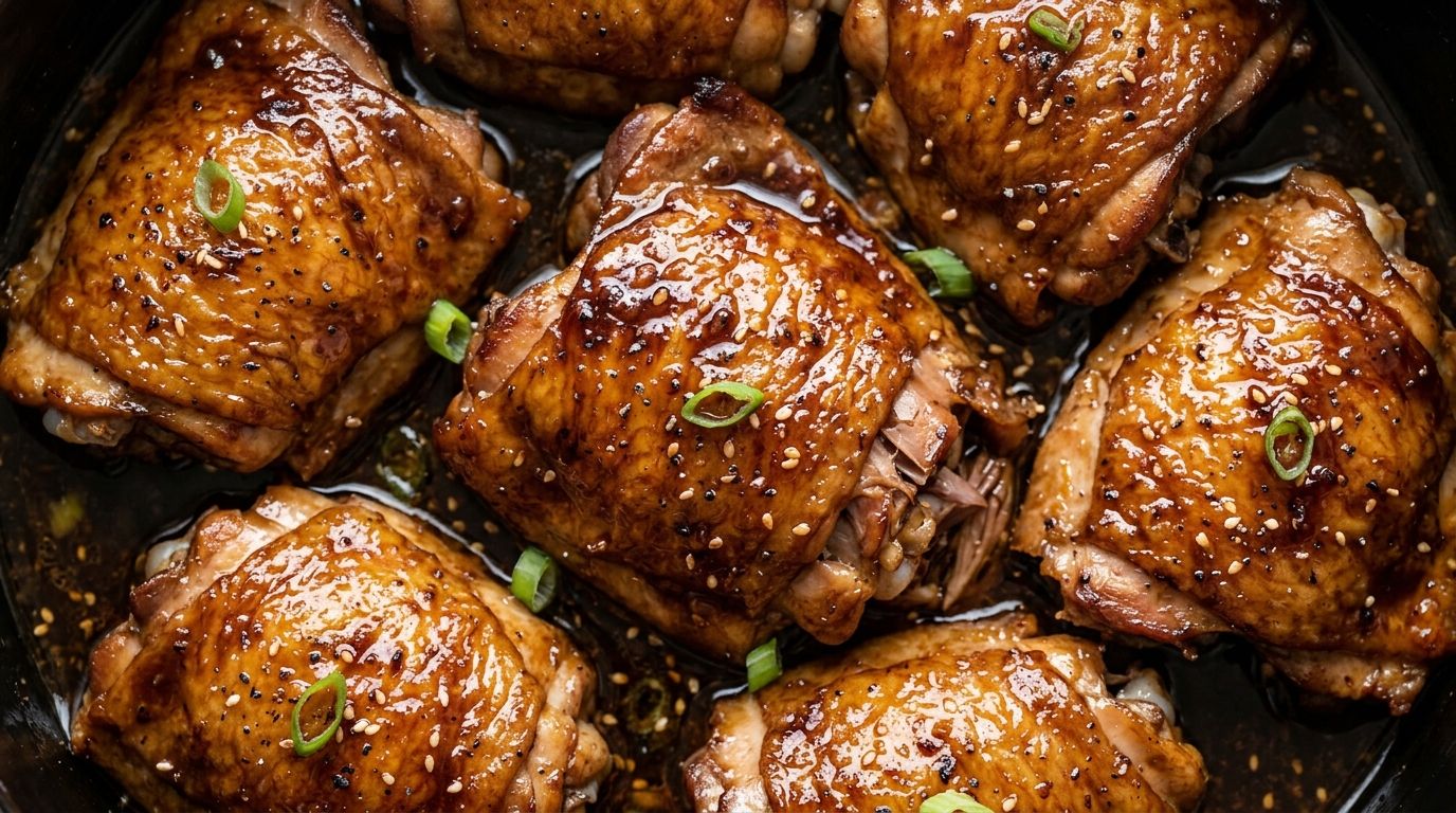 Bone-in chicken thighs in glossy honey-soy sauce over white rice, served from a slow cooker insert.
