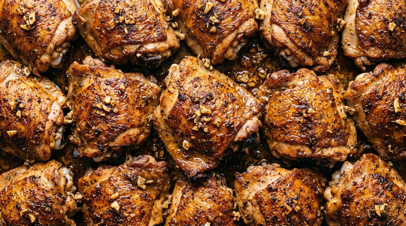 Baked bone-in skinless chicken thighs with smoked paprika crust on a foil-lined baking pan.