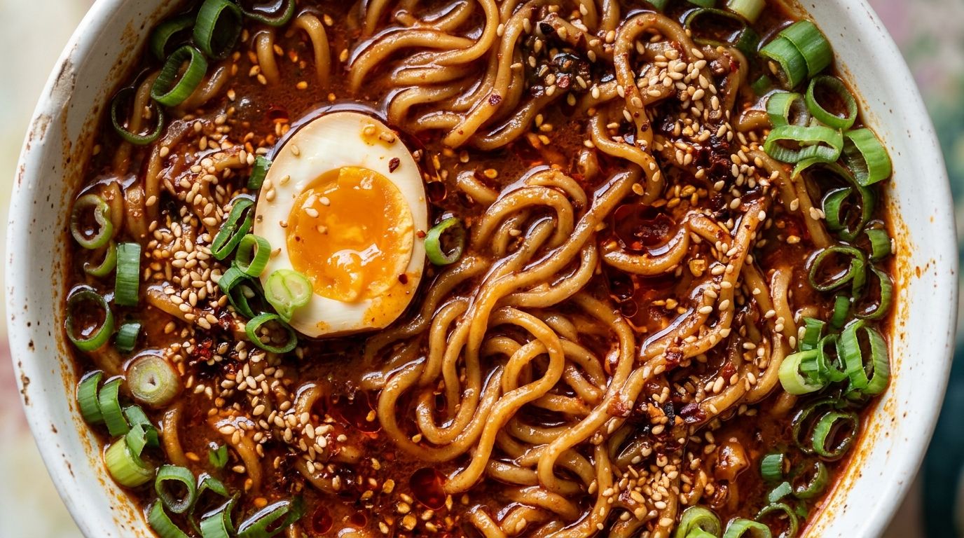 Spicy buldak ramen in a white ceramic bowl with jammy egg half, green onion, and vivid red gochujang broth overhead.