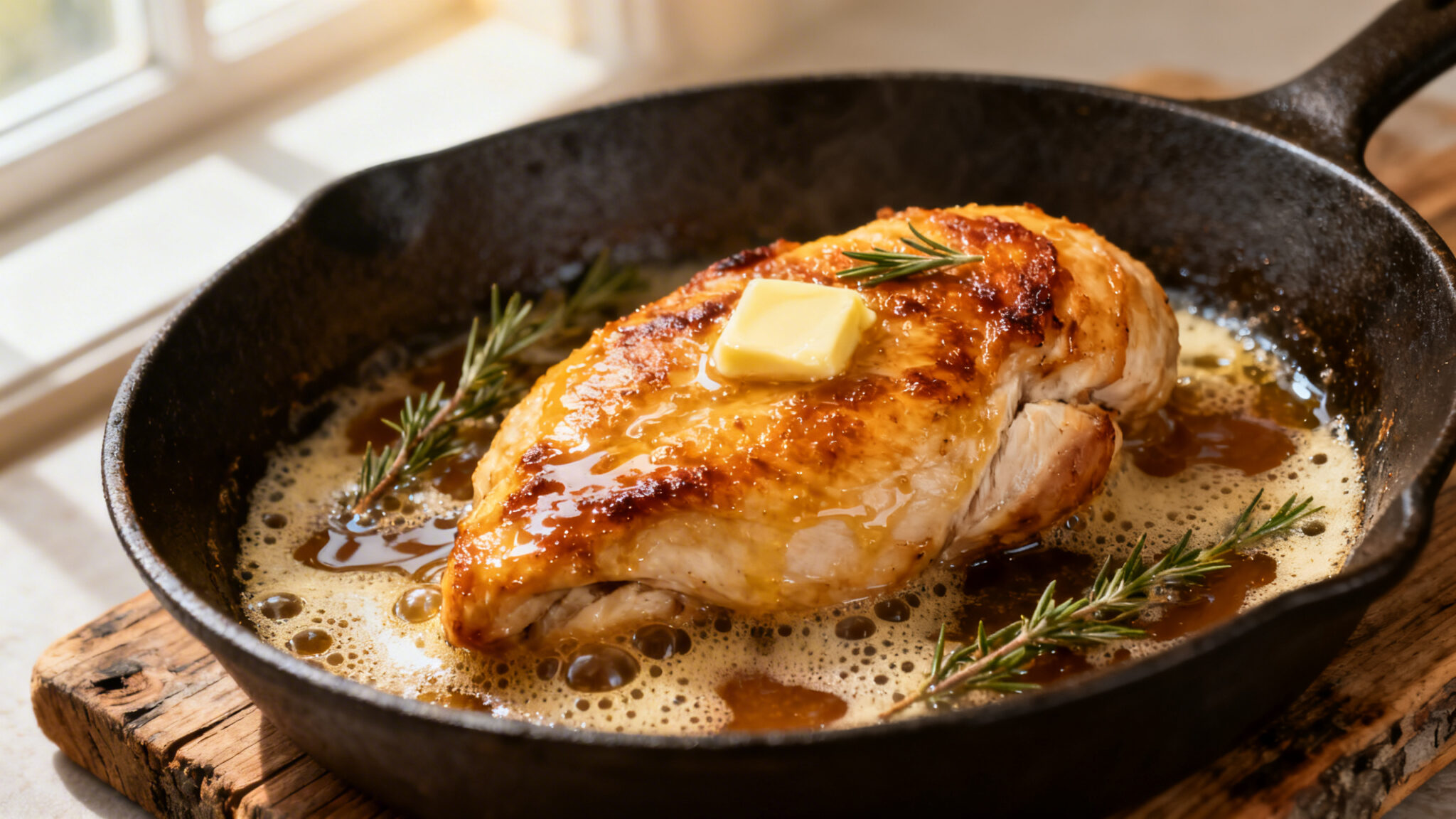 Butter-basted chicken breast in cast-iron skillet overhead macro