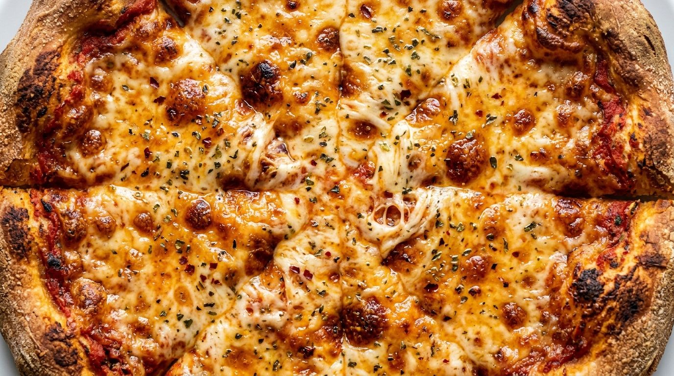 Homemade cheese pizza with bubbling mozzarella and golden crust on parchment paper