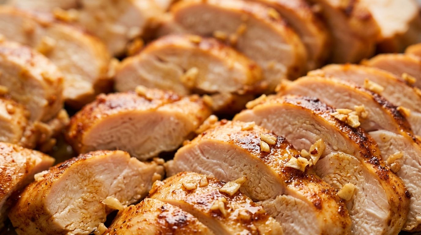 Sliced baked chicken breast with smoked paprika crust in a meal prep container on dark wood.