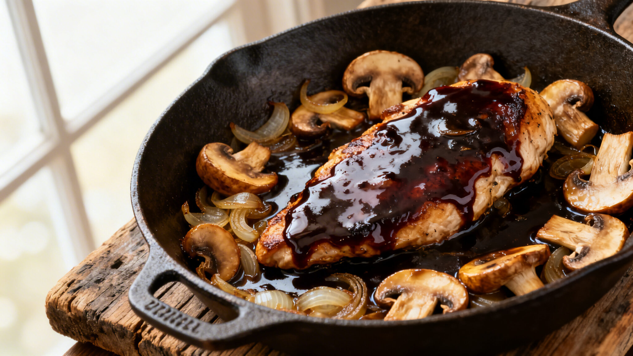 Chicken marsala with mushroom sauce overhead macro in cast iron