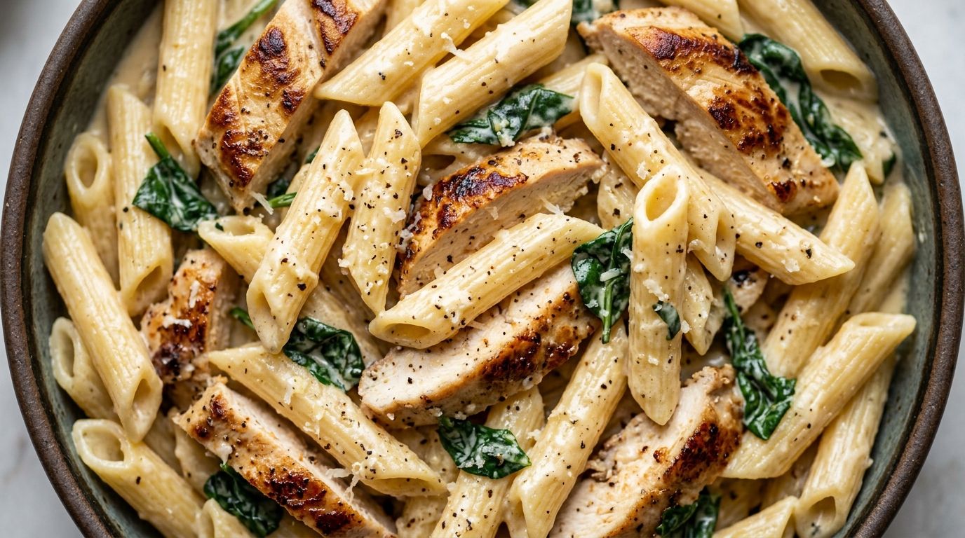 Creamy garlic chicken pasta with spinach and parmesan in a skillet