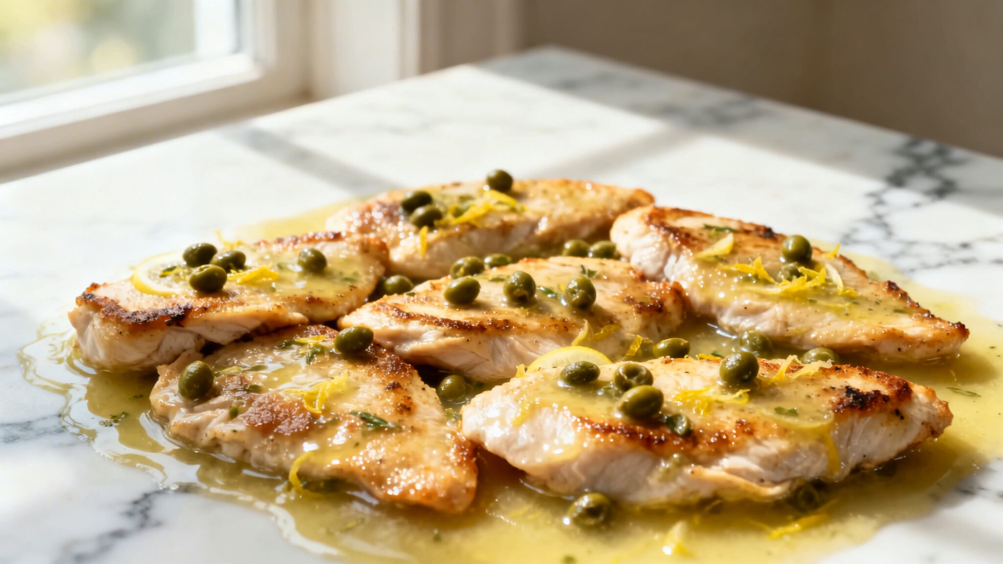 Chicken piccata in lemon-caper butter sauce overhead macro