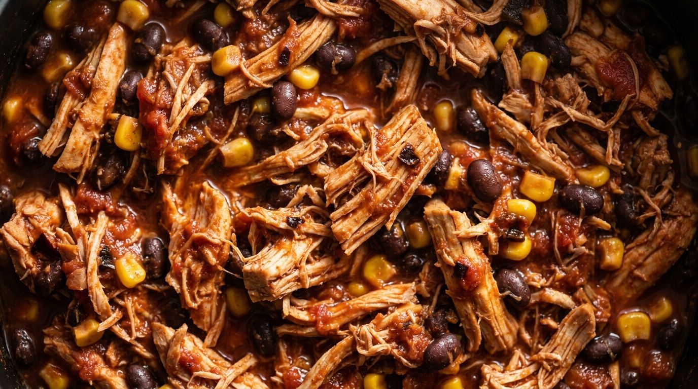 Shredded Mexican chicken thighs in a white bowl with fire-roasted tomato sauce, black beans, and corn
