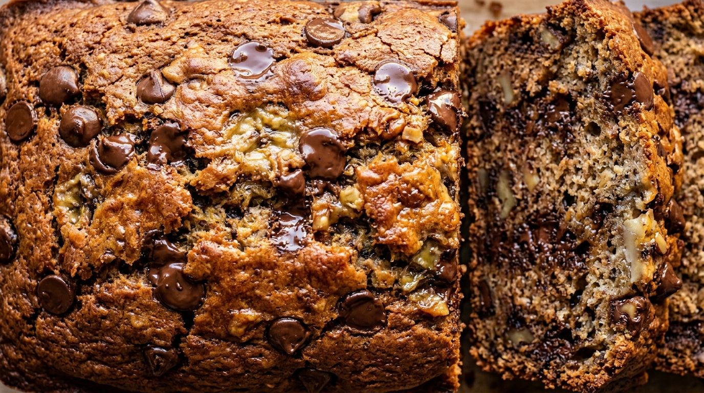 Chocolate chip banana bread loaf with golden crust and melted chocolate chips