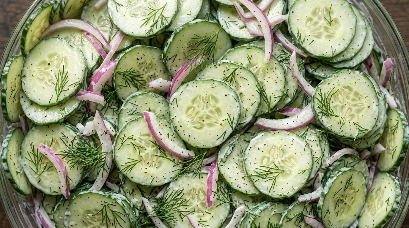 Creamy cucumber salad with fresh dill, red onion, and sour cream dressing in a dark bowl on an oak surface.