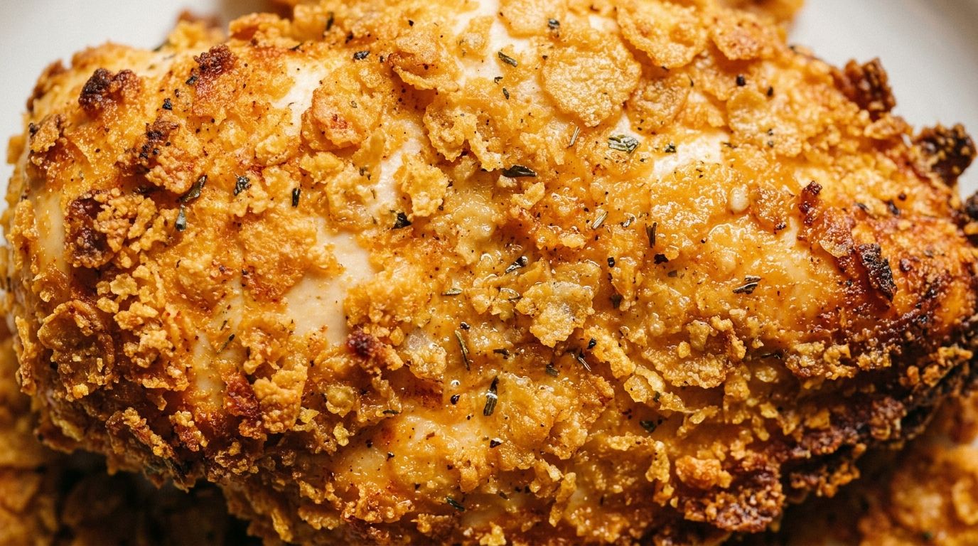 Golden-crusted breaded chicken breasts sliced on a dark oak board with a crispy cornflake coating.