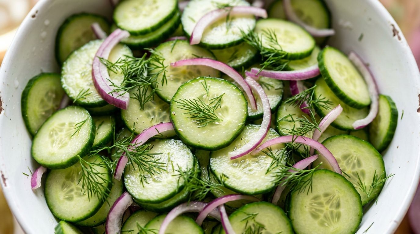 Overhead view of a cucumber salad with thin cucumber rounds, red onion, and fresh dill in a white ceramic bowl.