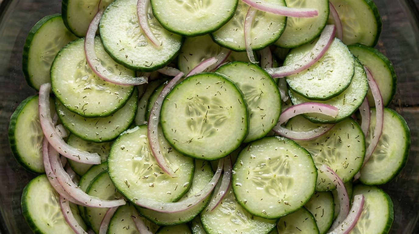 Thin cucumber rounds and red onion slices in a tangy vinegar dressing topped with fresh dill