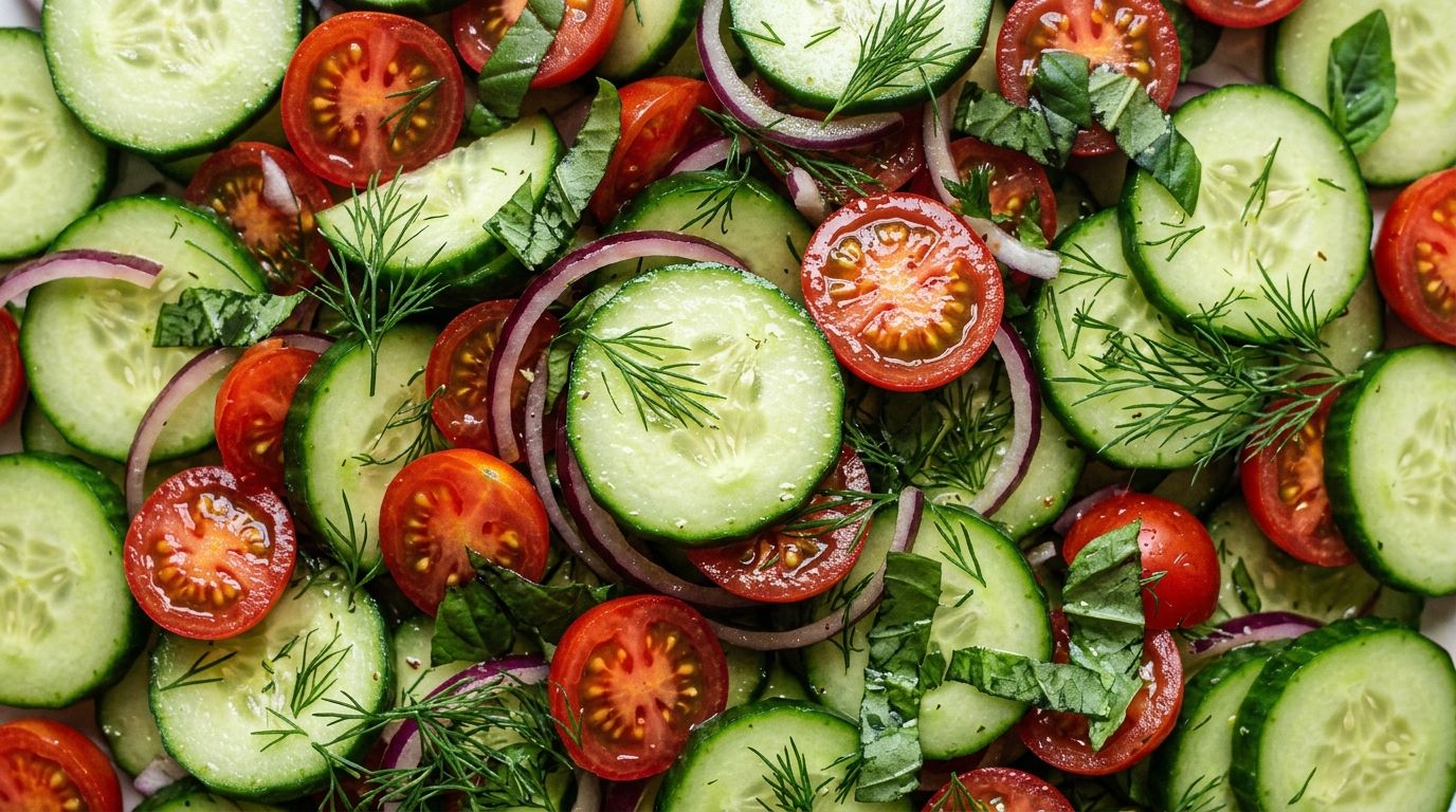 Overhead bowl of cucumber tomato salad with halved cherry tomatoes, red onion, fresh dill, and basil on a dark oak surface.