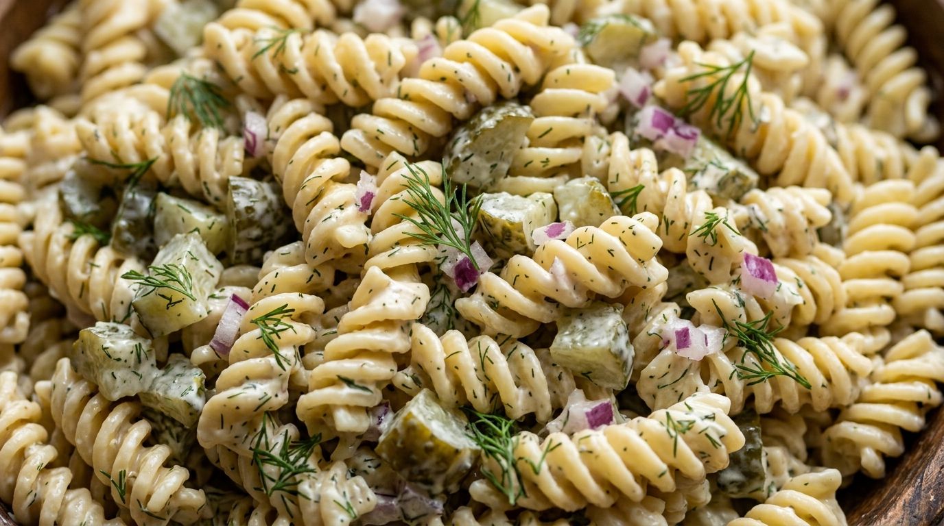 Creamy dill pickle pasta salad with rotini, cheddar cheese, and fresh dill in a large serving bowl.