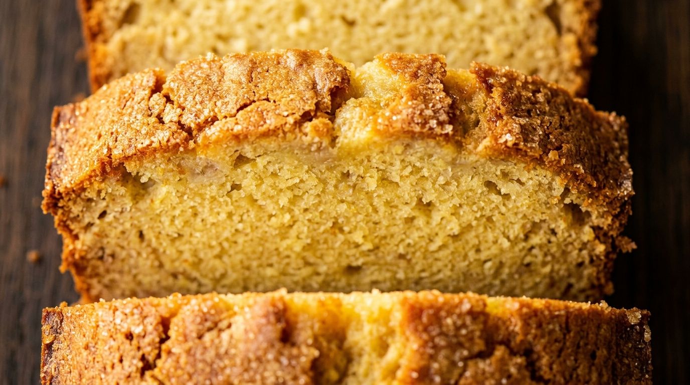 Sliced easy banana bread on a wire rack showing moist golden crumb with a crackled sugar crust on top.