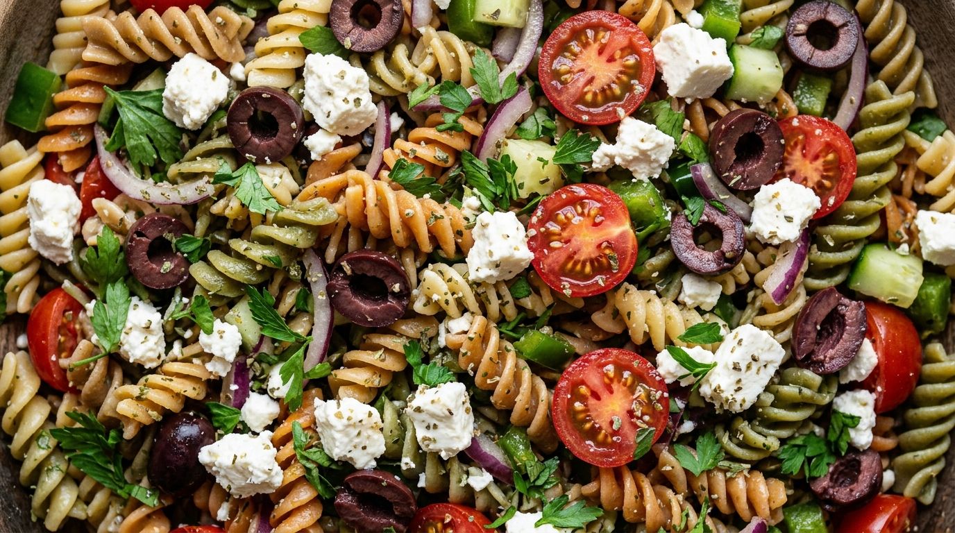 Overhead view of greek pasta salad with rotini, feta cheese, cherry tomatoes, olives, and fresh parsley in a bowl.
