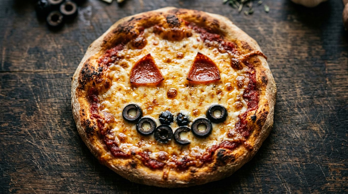 Mini halloween jack-o-lantern pizza with pepperoni triangle face and olive eyes on golden bubbling mozzarella on a worn dark oak surface.