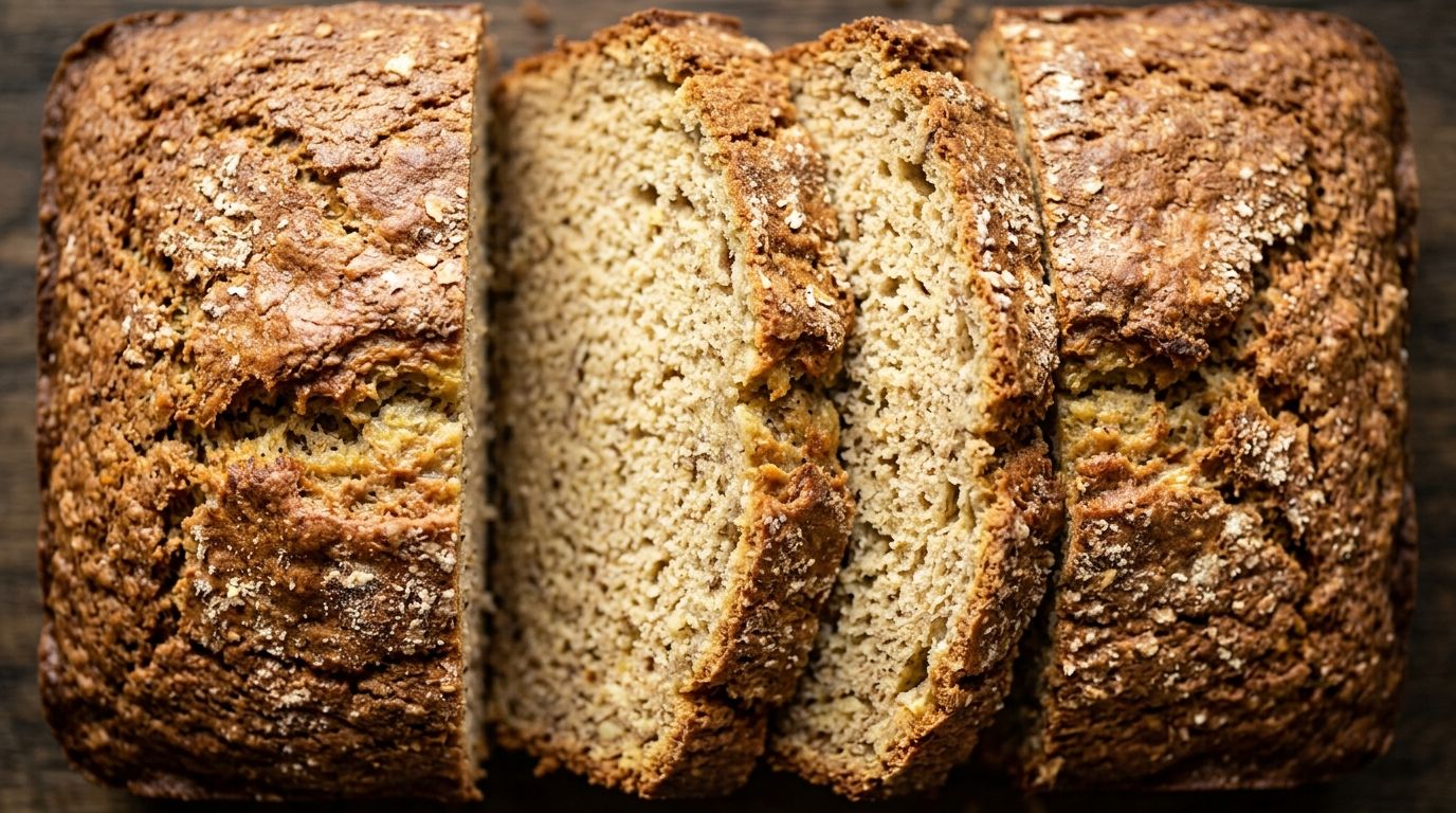 Healthy banana bread loaf with three slices cut and fanned out on a worn dark oak board.