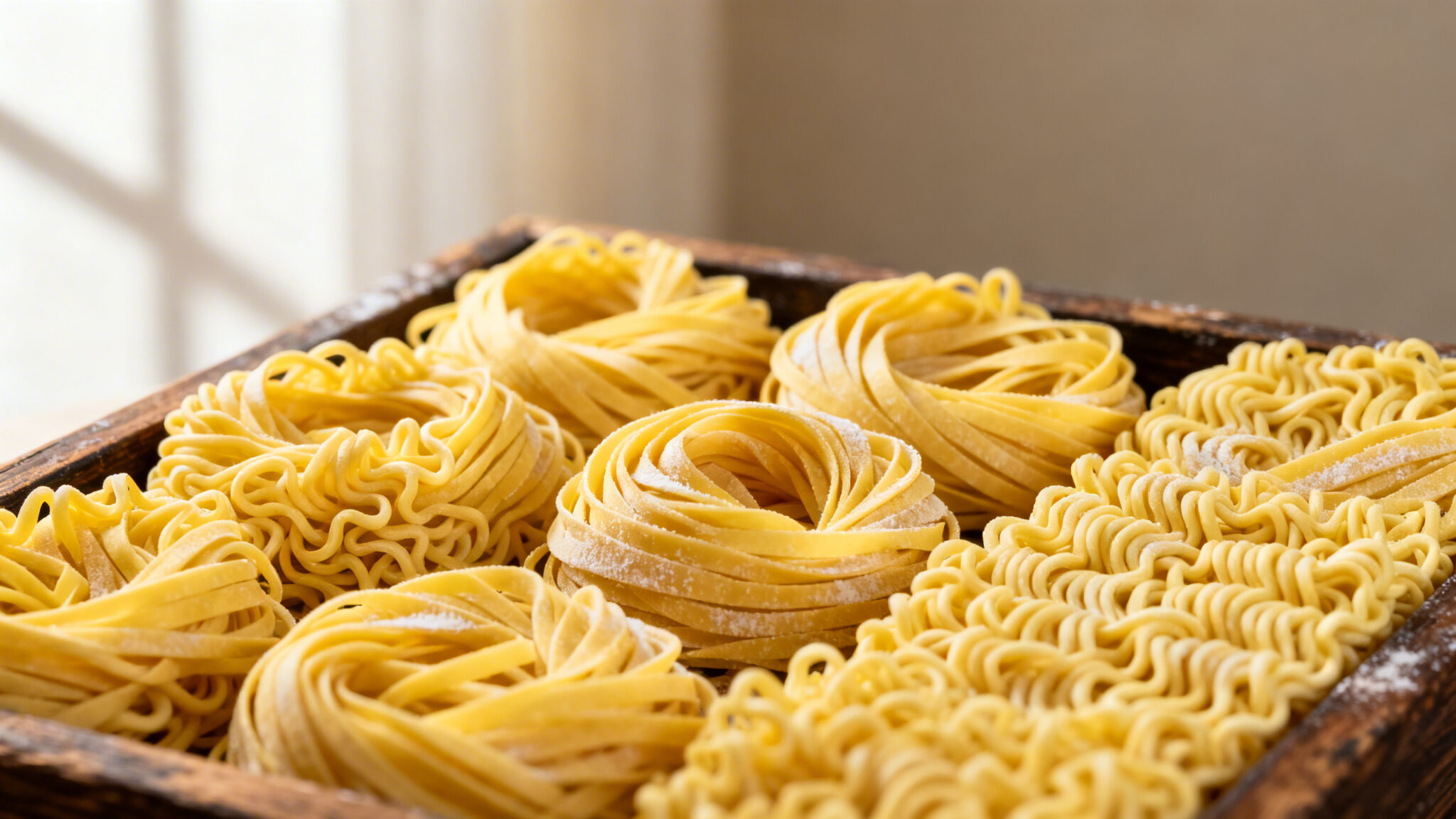 Overhead view of homemade ramen noodles, springy yellow strands coiled into nests with visible hand-cut texture on a dark wood surface.