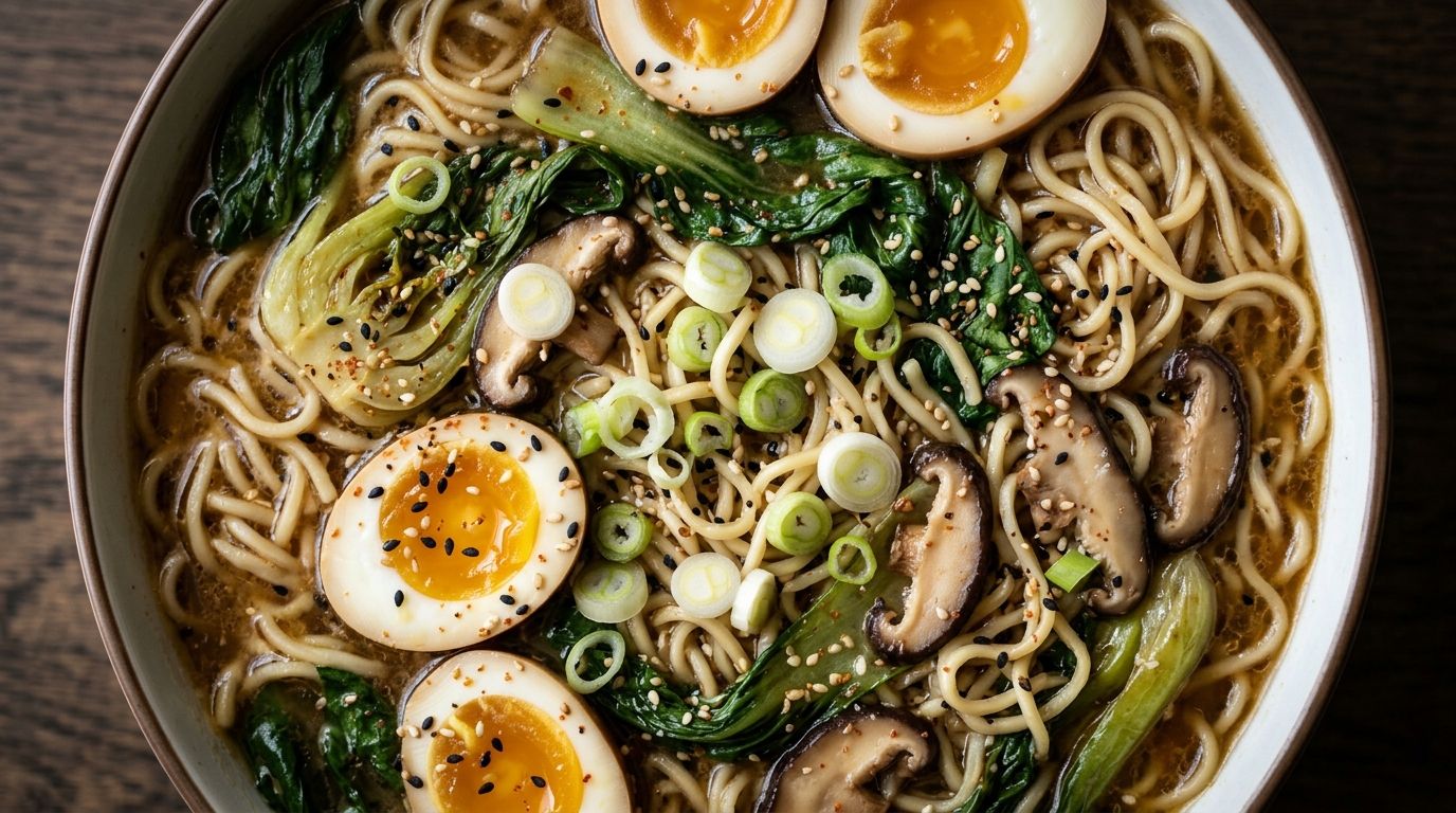 Steaming bowl of homemade ramen with soft-boiled eggs, bok choy, and shiitake mushrooms