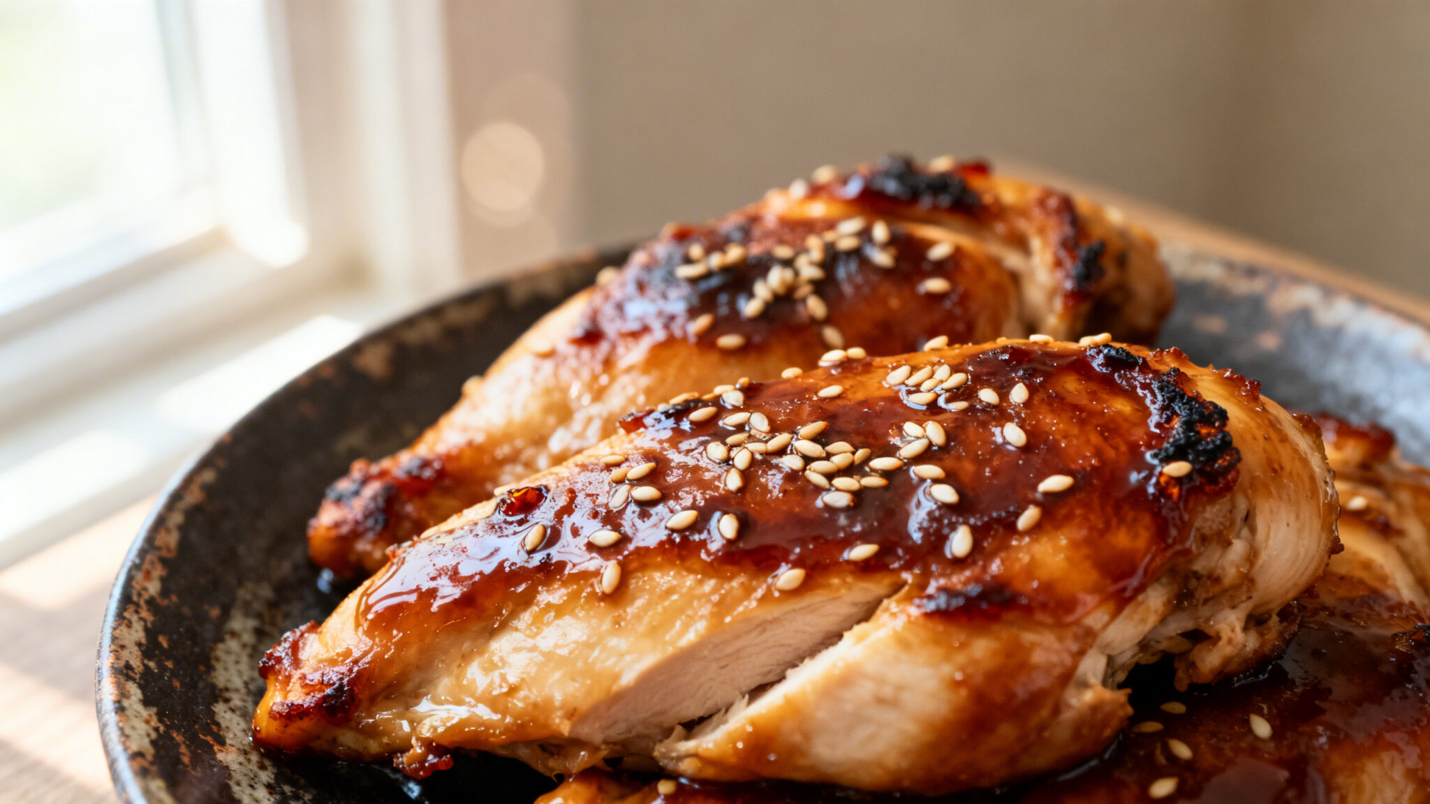Honey-soy glazed chicken breast overhead macro with sesame seeds