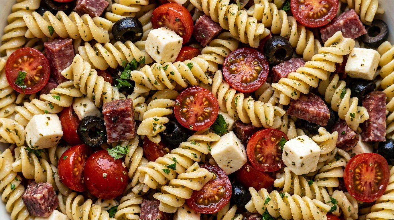 Overhead view of Italian pasta salad with rotini, salami, cherry tomatoes, and mozzarella cubes in a large bowl.