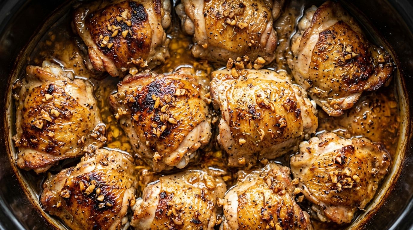 Bone-in chicken thighs with caramelized golden skin and butter glaze in a slow cooker with garlic.
