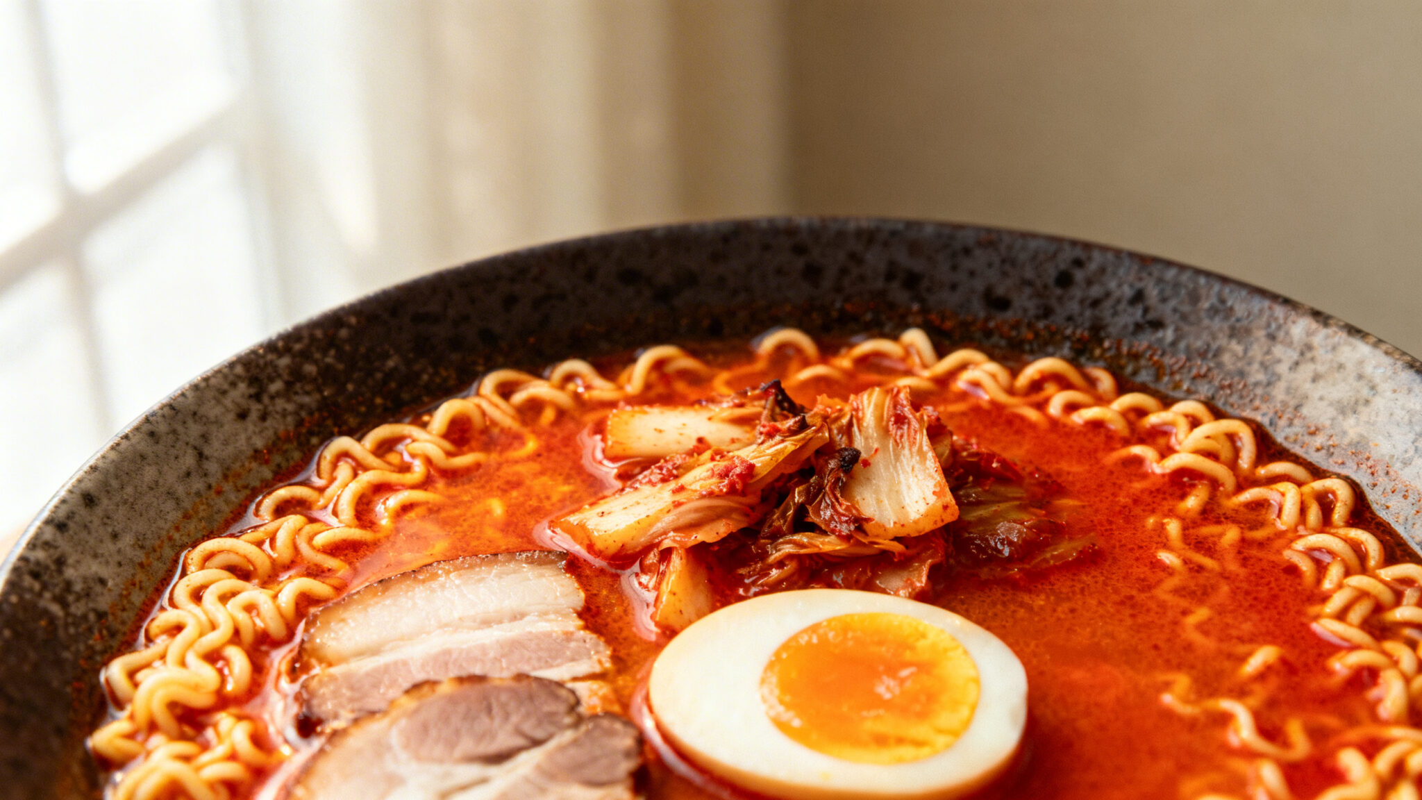 Overhead view of kimchi ramen in a dark bowl with vivid red-orange broth, caramelized kimchi pieces, sliced pork belly, and a halved soft egg.