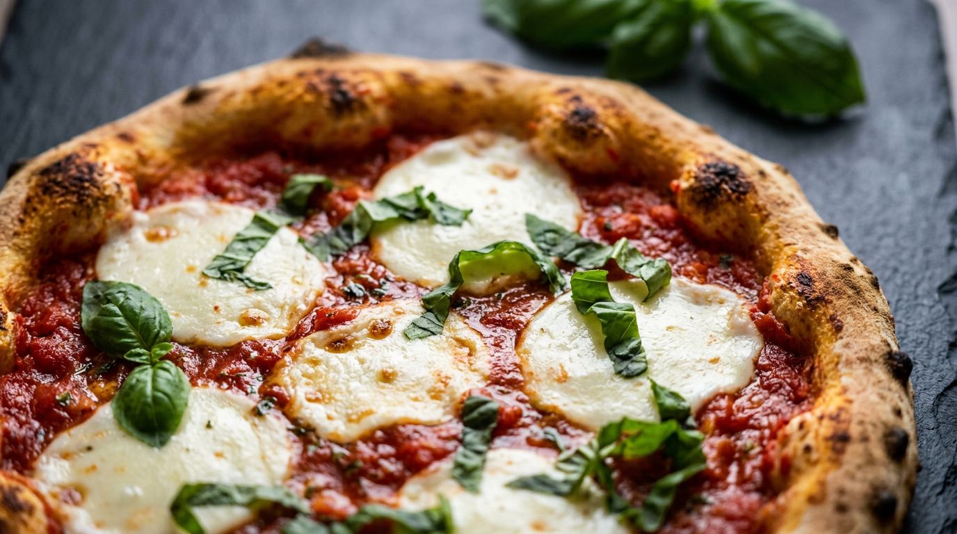 Margarita pizza with fresh mozzarella rounds, torn basil leaves, and blistered crust on a dark slate tile surface.