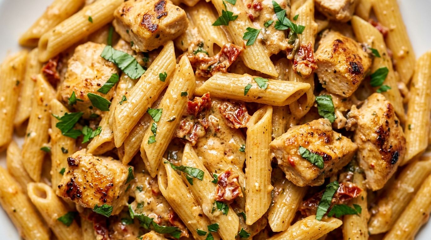 Creamy marry me chicken pasta with golden chicken, sun-dried tomatoes, and penne in a skillet.