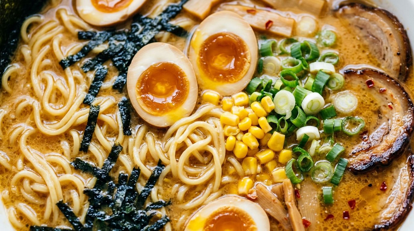 Overhead view of creamy miso ramen in a dark bowl with soft-boiled egg, corn kernels, green onions, and nori on a wooden surface.