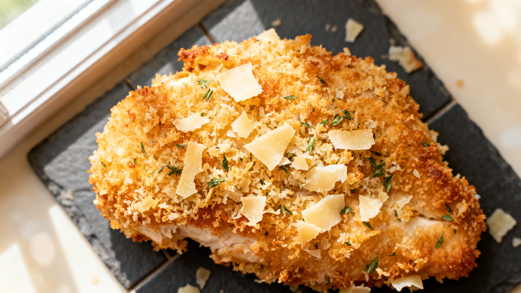 Parmesan-crusted chicken breast with crispy golden crust overhead macro