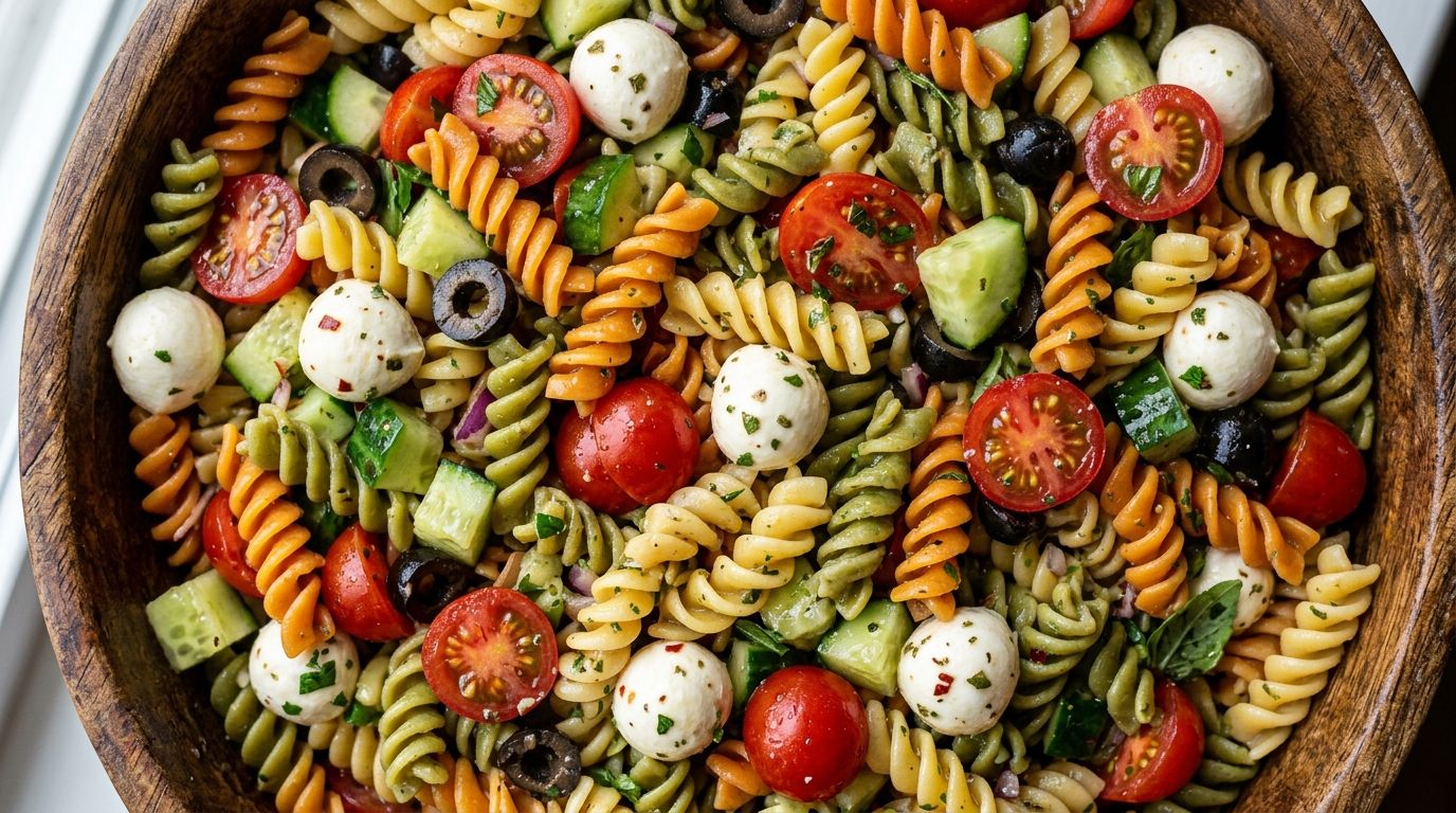 Classic pasta salad with rotini, cherry tomatoes, cucumber, olives, and mozzarella in a large bowl