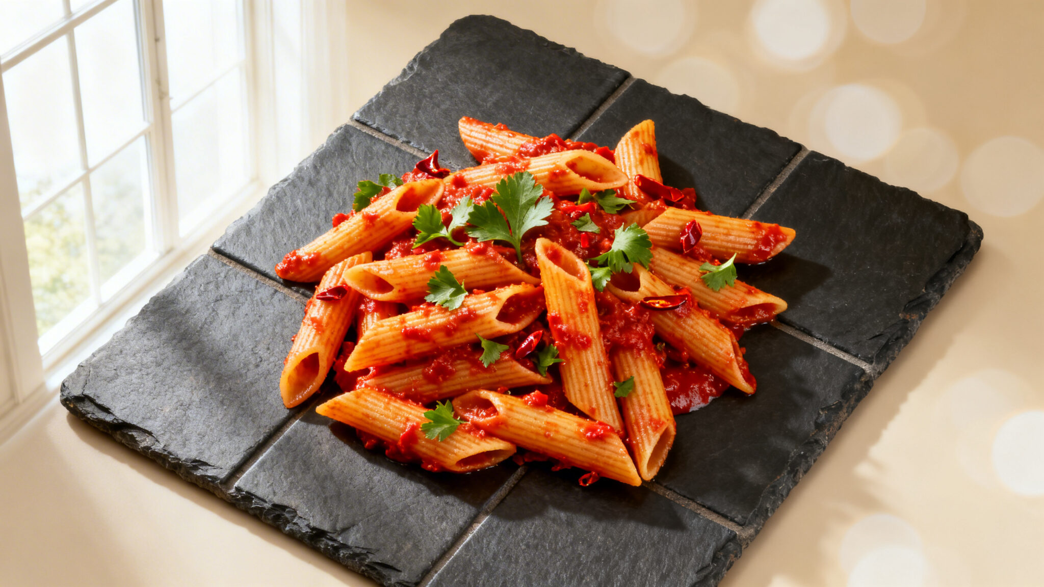 Penne arrabbiata in a vivid red tomato sauce on dark slate