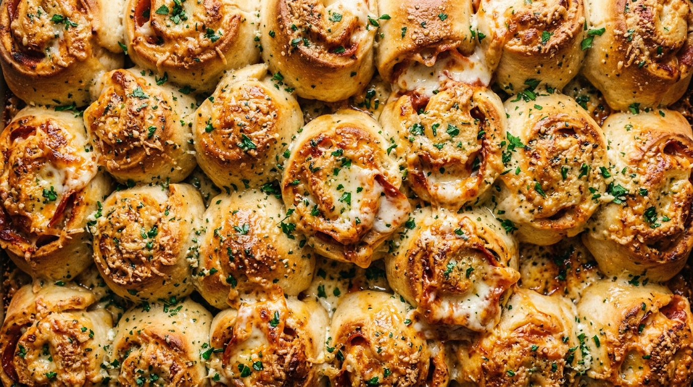 Golden baked pizza rolls with garlic butter glaze and bubbling mozzarella edges on parchment paper on a dark oak surface.